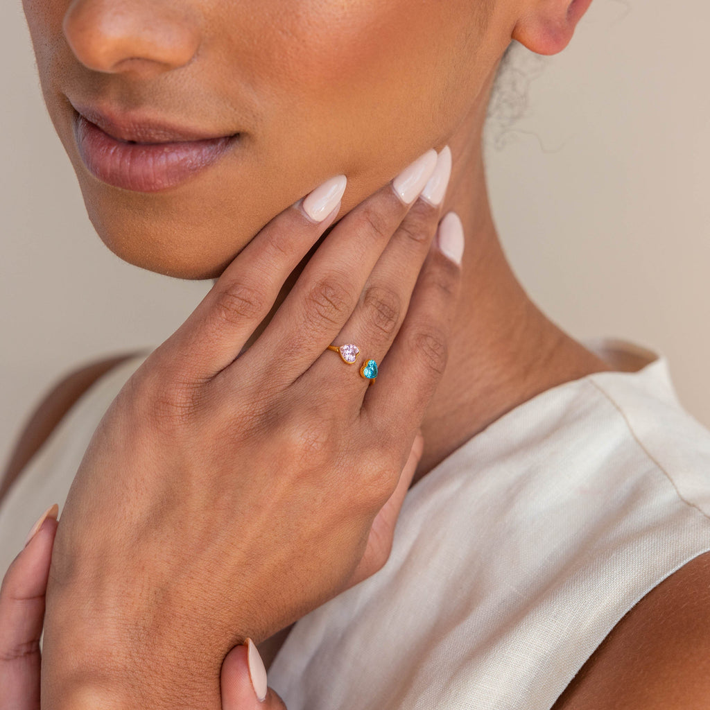 Mother And Daughter Forever Link Double Heart Custom Birthstone Ring