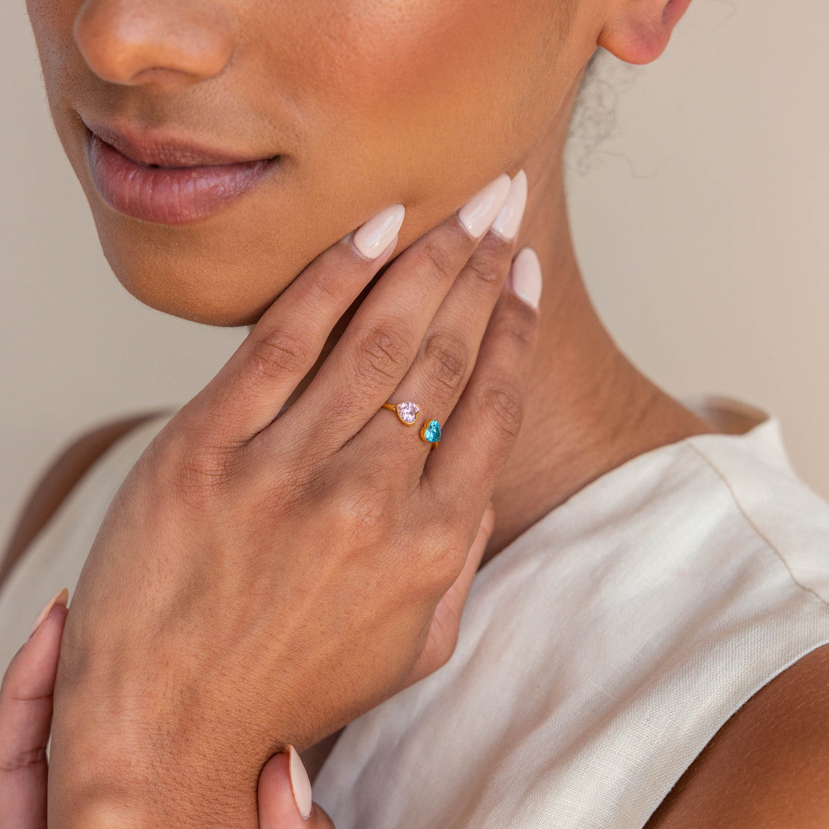 Mother And Daughter Forever Link Double Heart Custom Birthstone Ring