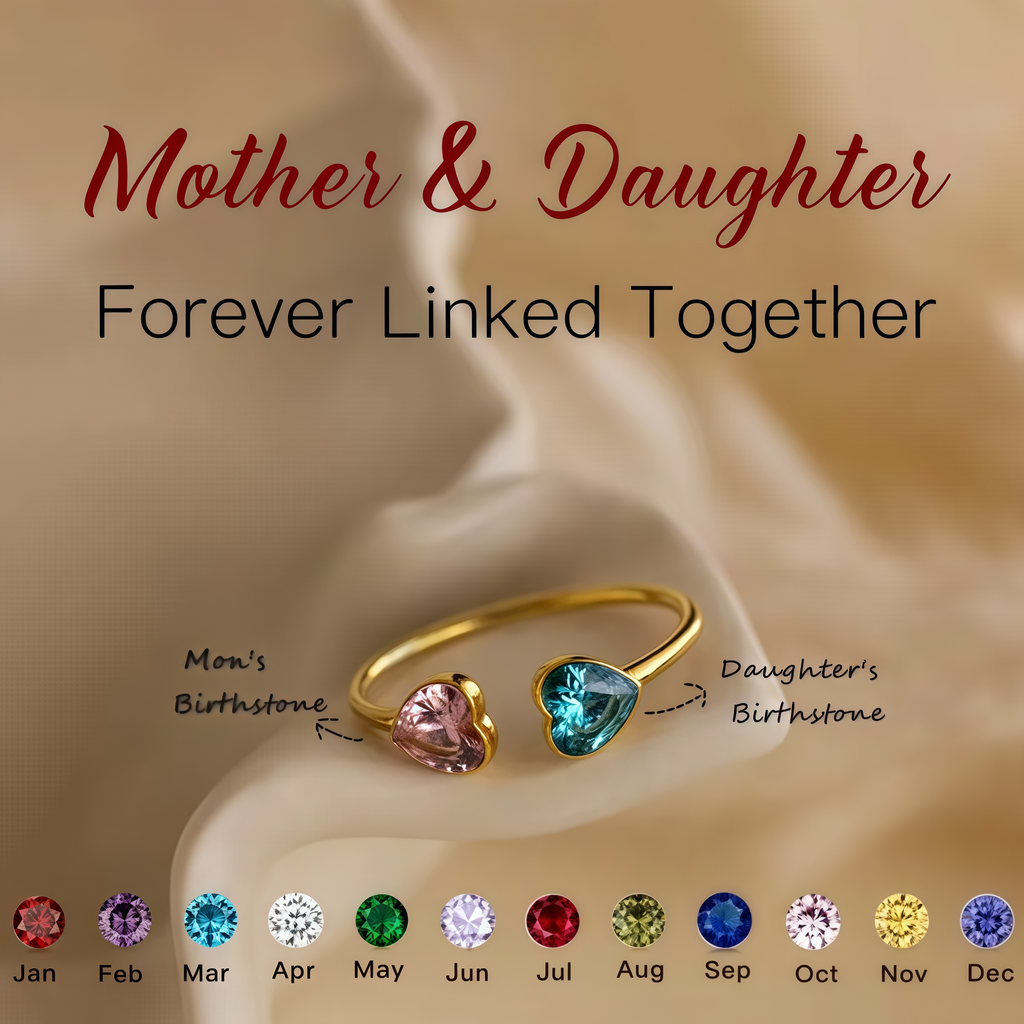 Mother And Daughter Forever Link Double Heart Custom Birthstone Ring
