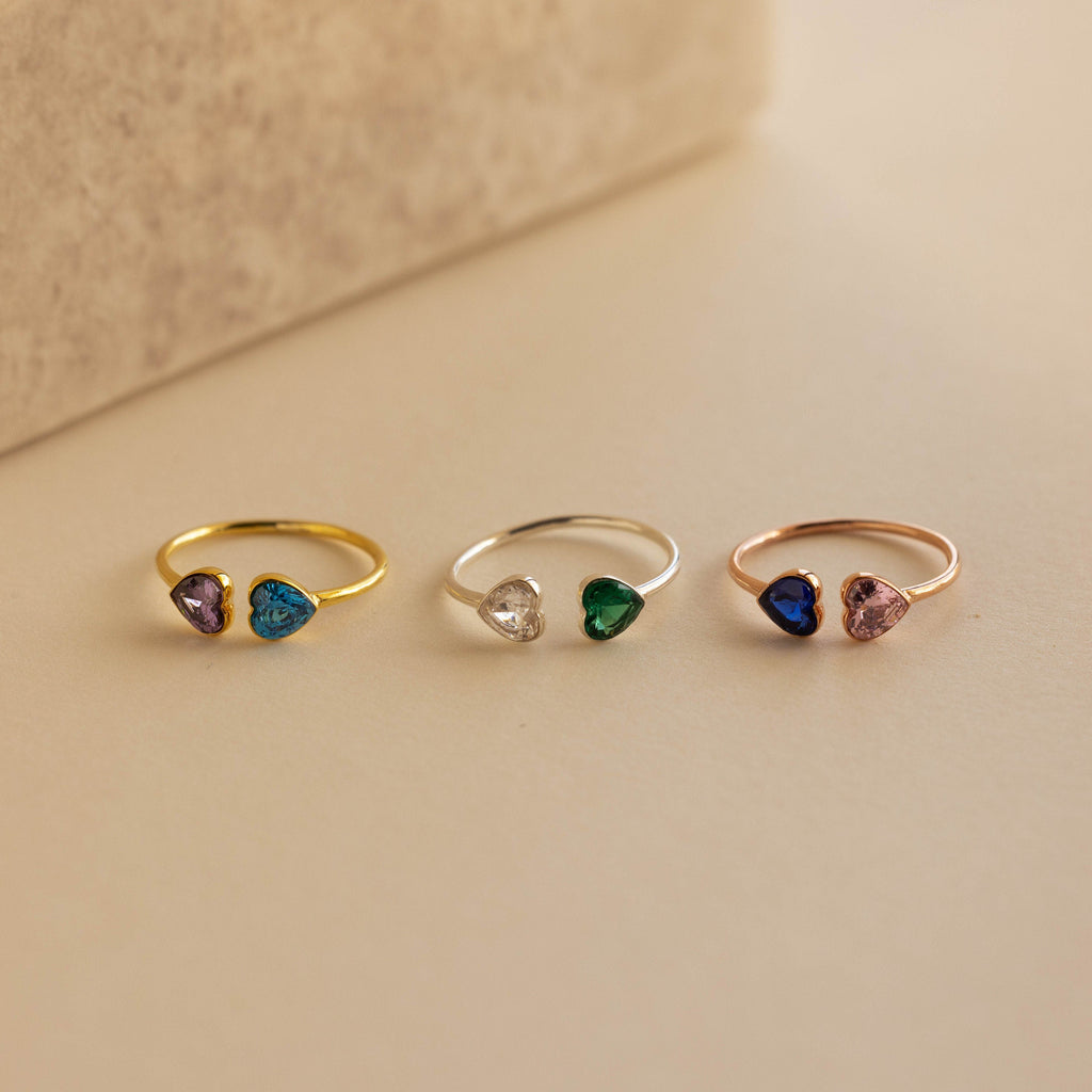 Mother And Daughter Forever Link Double Heart Custom Birthstone Ring