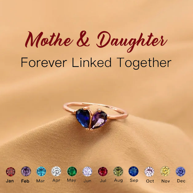 Mother And Daughter Forever Link Custom Heart Birthstone Ring