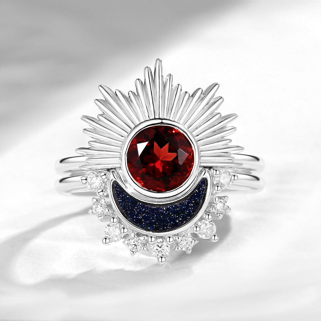 Retro Sun & Moon Engagement Ring Set 2pcs