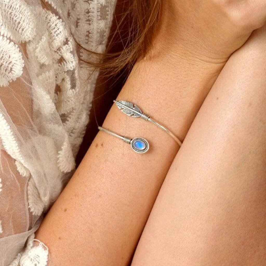 Feather Moonstone Bangle Bracelet