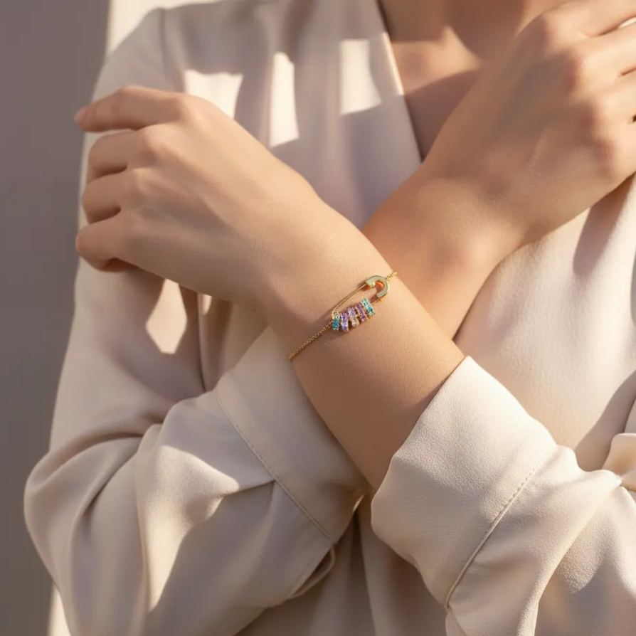 Mama's Mini Squad Safety Pin Birthstone Bracelet
