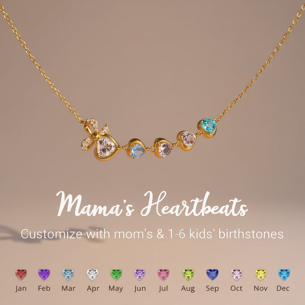 Mama's Heartbeats Mom And 1-6 Birthstone Bow Necklace