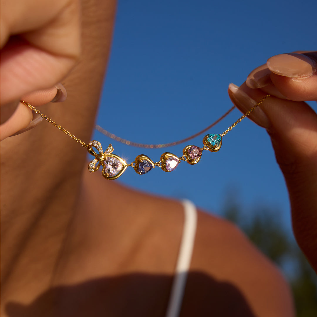 Mama's Heartbeats Mom And 1-6 Birthstone Bow Necklace