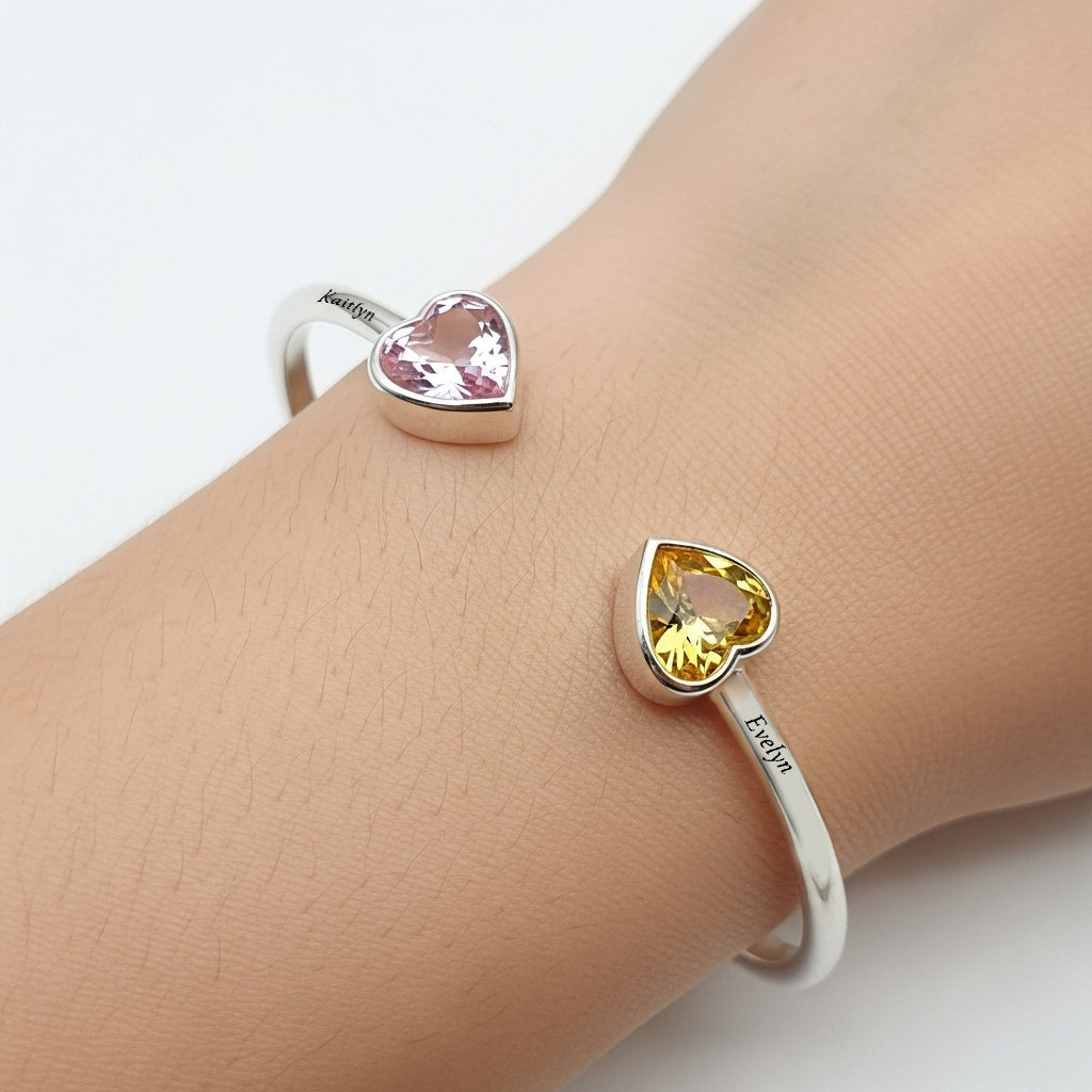 Mother And Daughter Double Heart Custom Birthstone&Name Bracelet