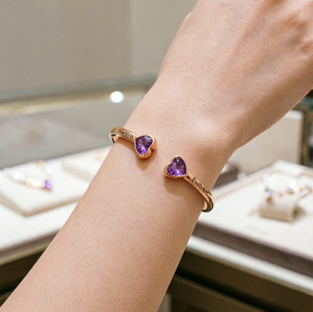 Grandmother And Granddaughter Double Heart Custom Birthstone&Name Bracelet