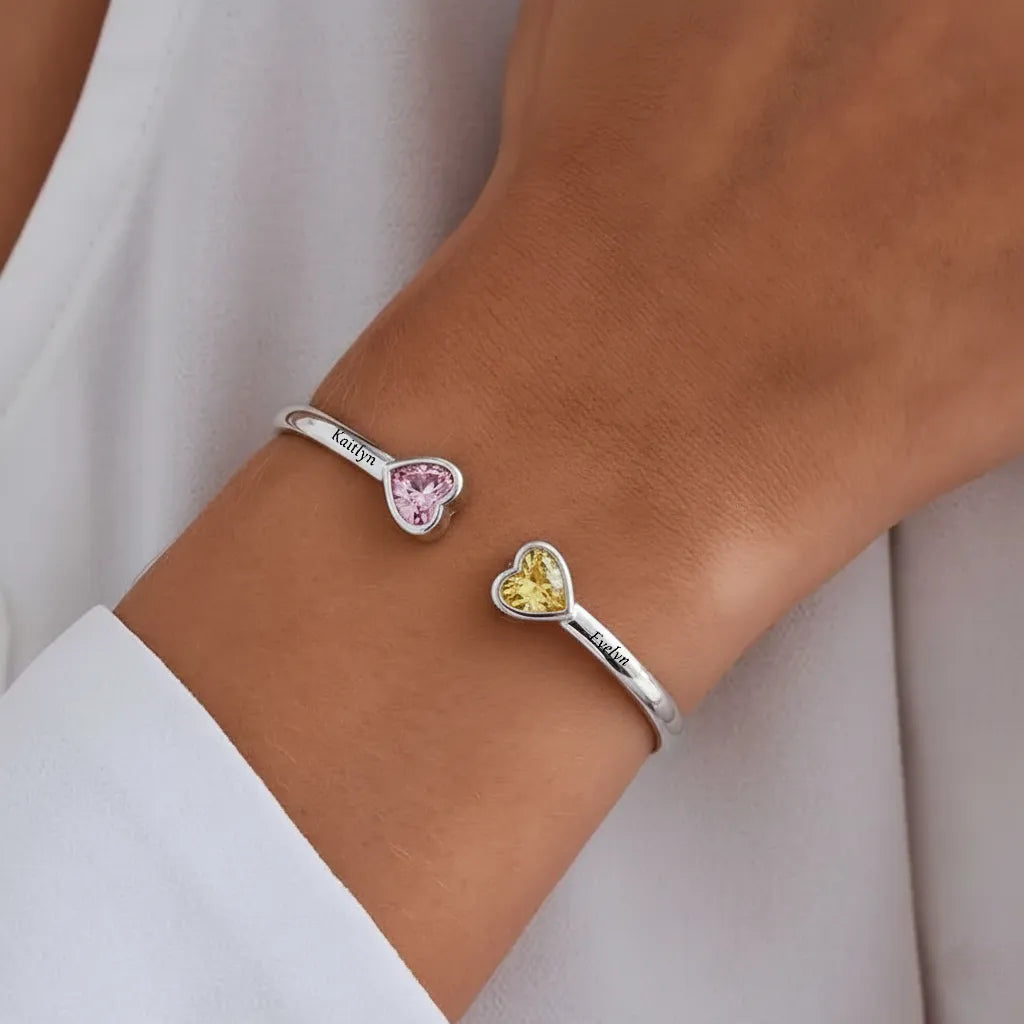 Grandmother And Granddaughter Double Heart Custom Birthstone&Name Bracelet