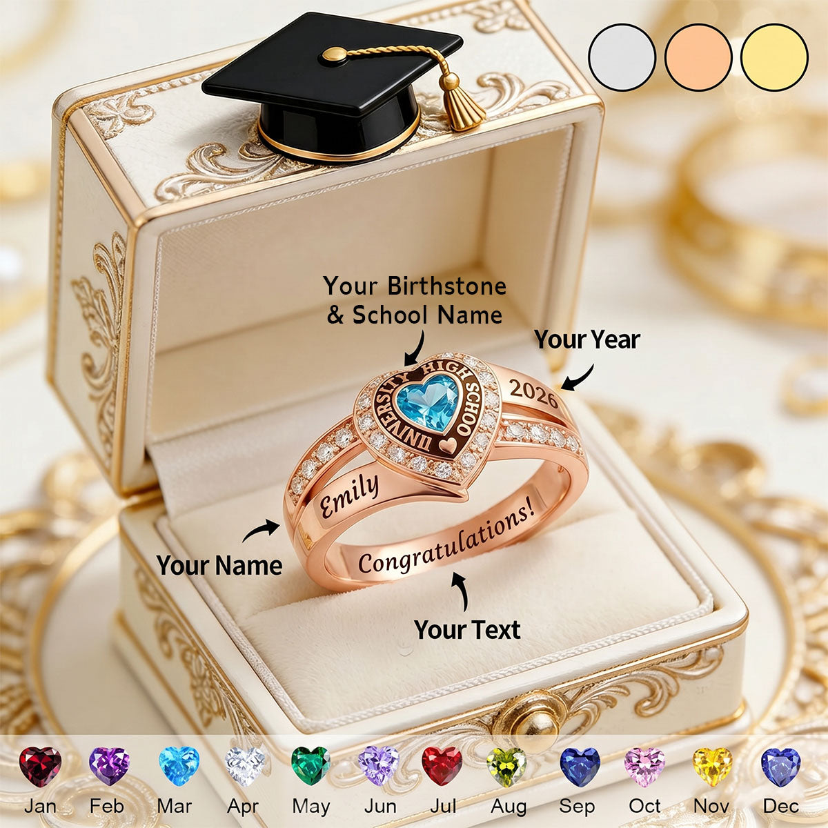 Custom Engraved Birthstone Graduation Ring - Gifts for Graduates