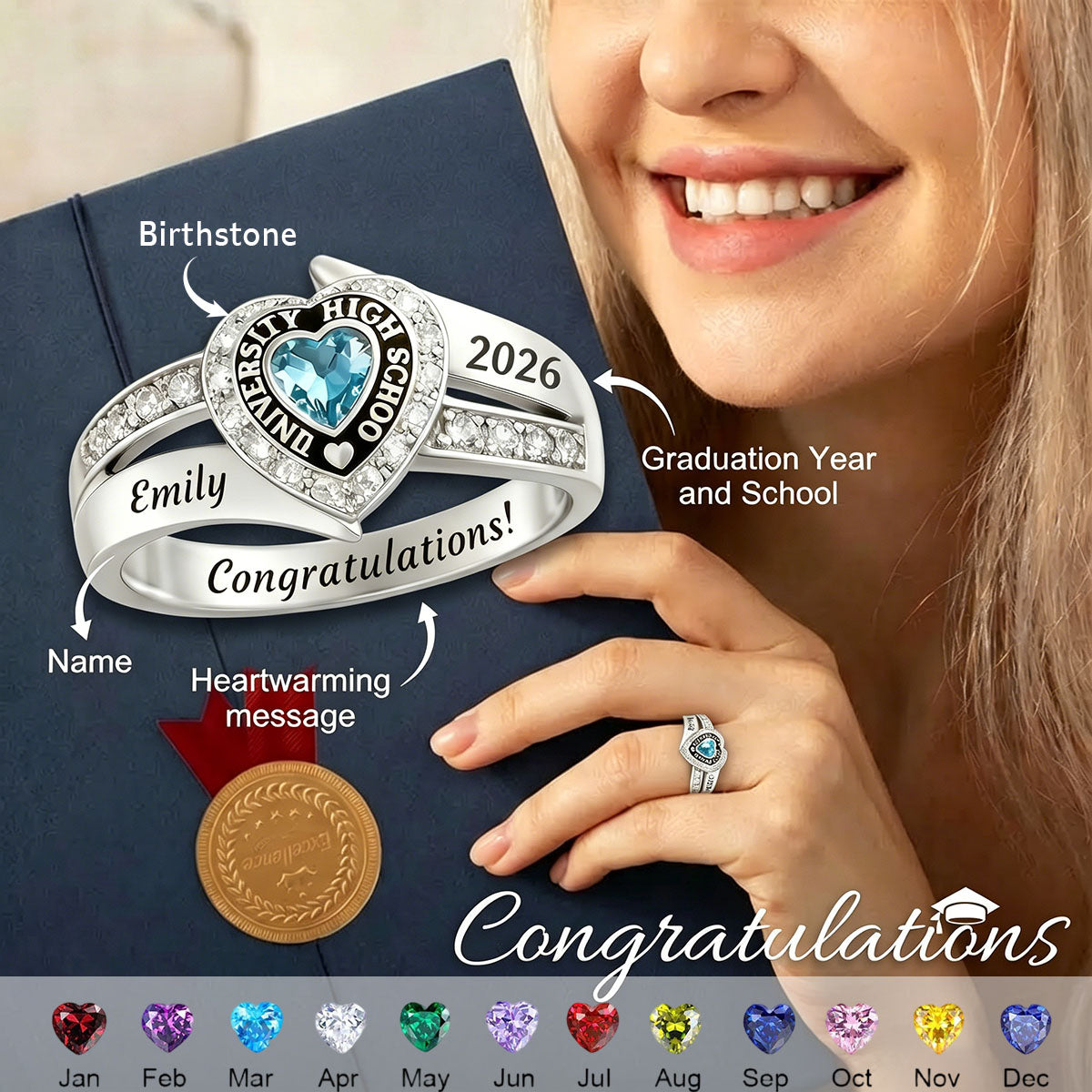 Custom Engraved Birthstone Graduation Ring - Gifts for Graduates