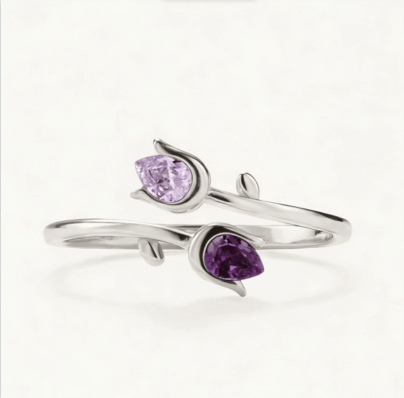 Mother&Daughter Double Birthstones Tuilp Ring