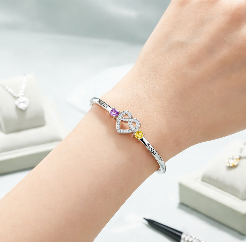 Mother And Daughter Heart Custom Birthstone&Name Bracelet