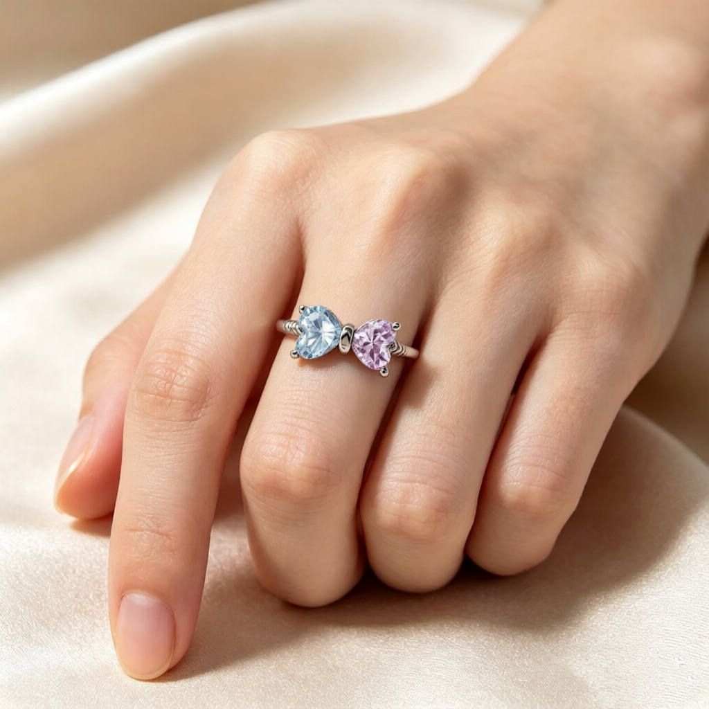 Mother&Daughter Double Birthstones Bow Ring