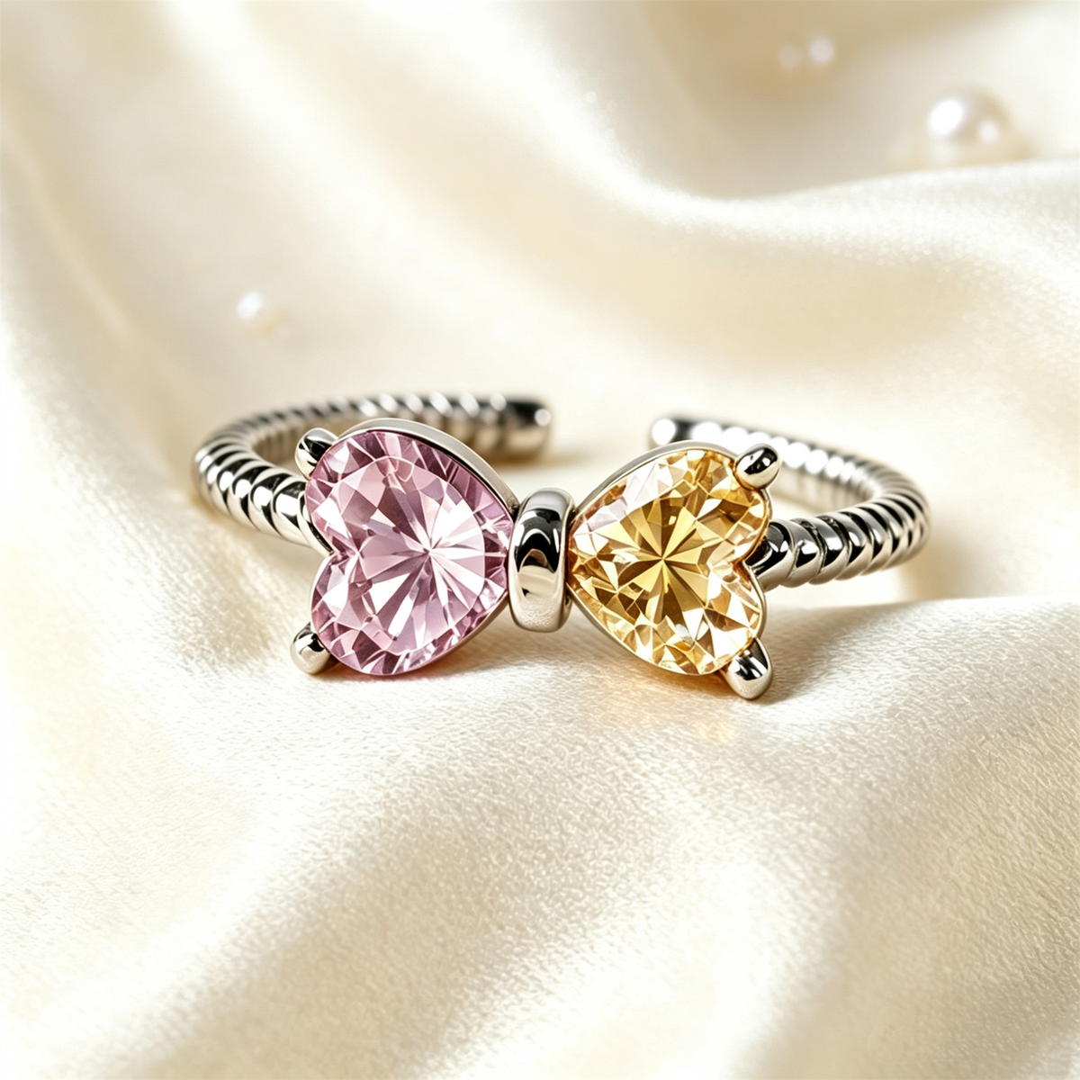 Mother&Daughter Double Birthstones Bow Ring
