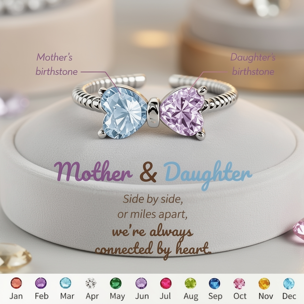 Mother&Daughter Double Birthstones Bow Ring