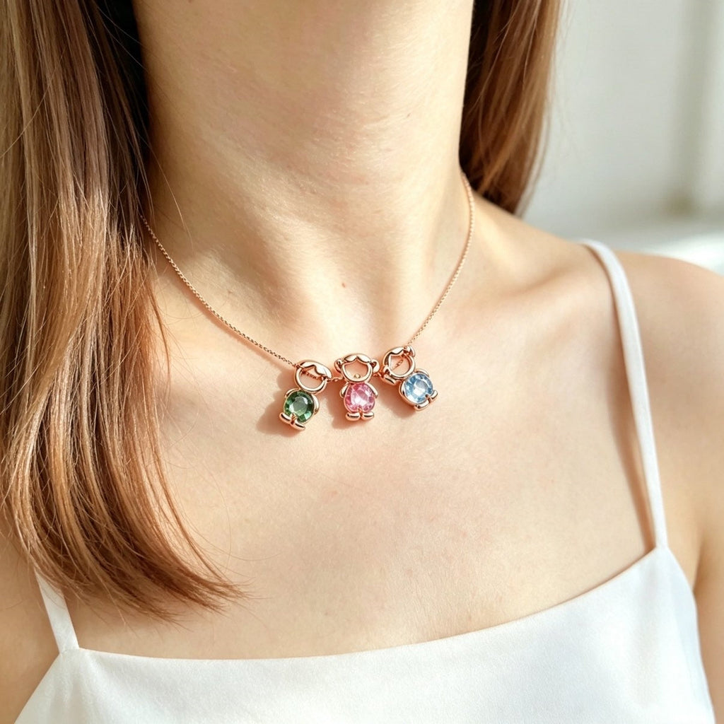 Personalized Heart Birthstone Doll Family Necklace