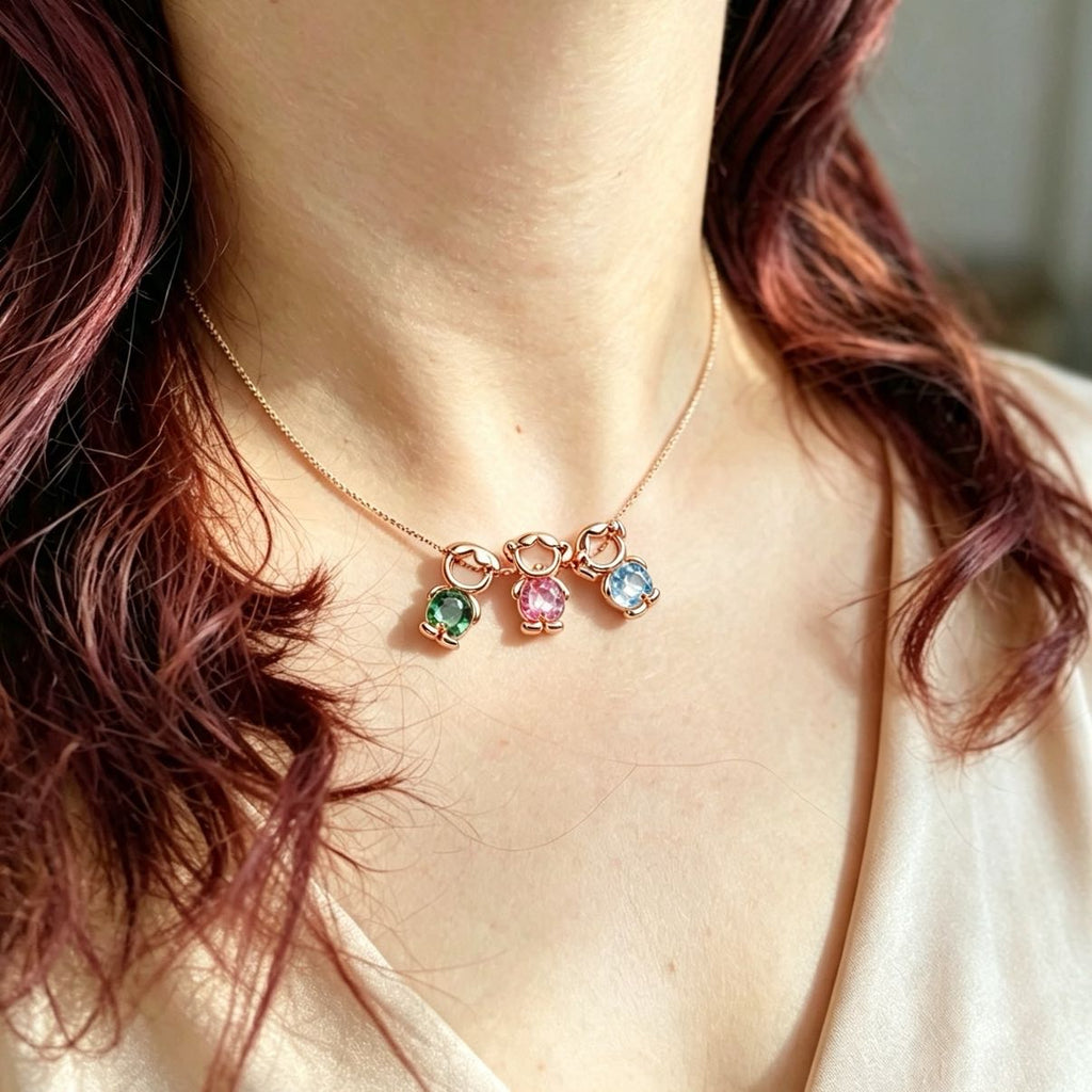 Personalized Heart Birthstone Doll Family Necklace