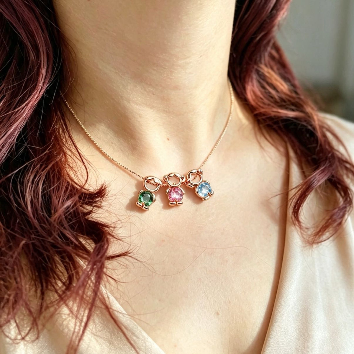 Personalized Heart Birthstone Doll Family Necklace
