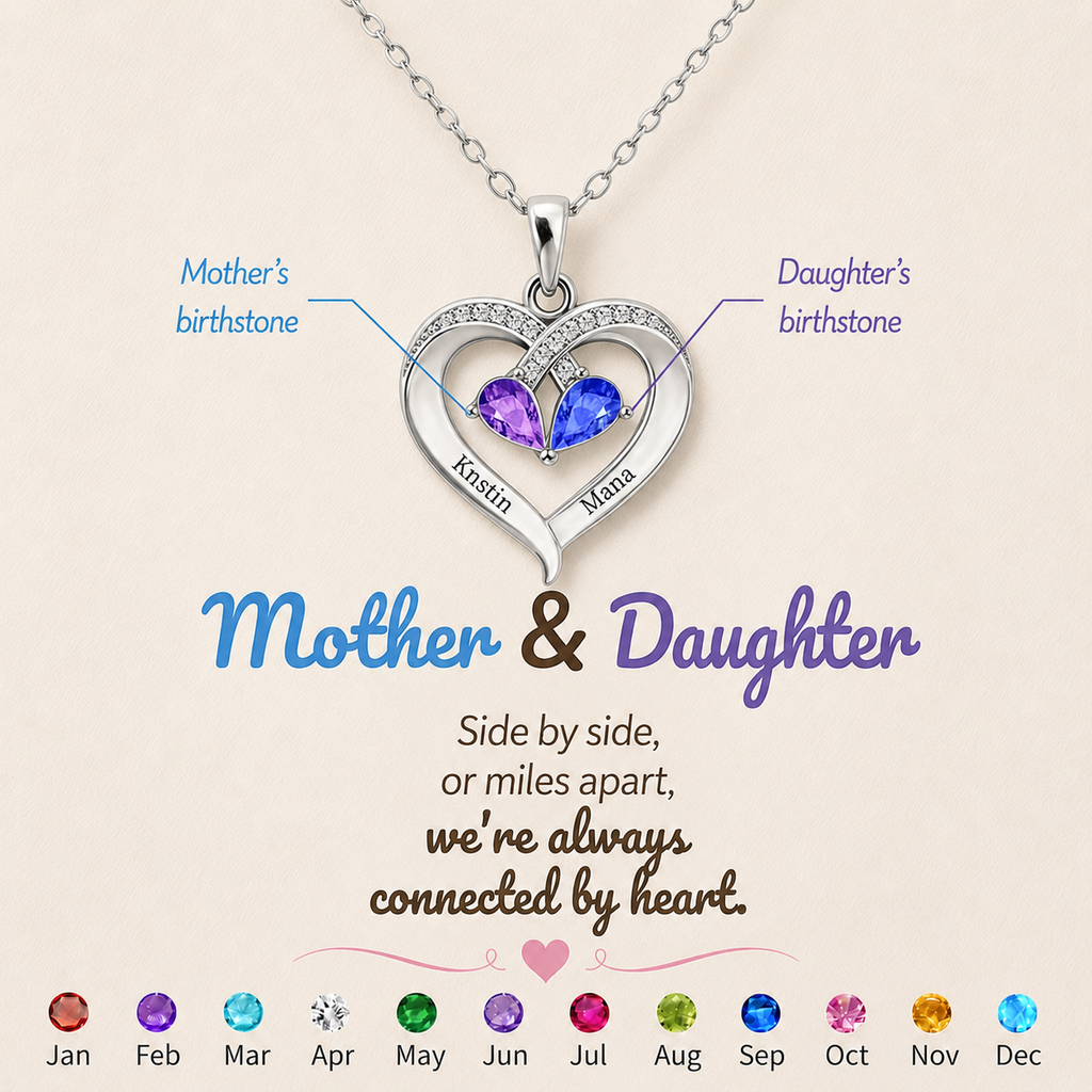 Mother And Daughter Custom Double Birthstones&Name Heart Necklace