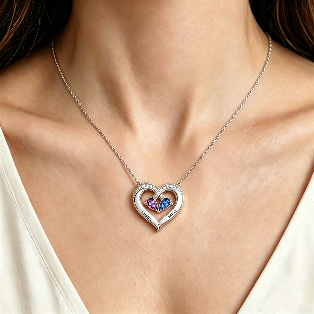 Grandmother And Granddaughter Custom Double Birthstones&Name Heart Necklace