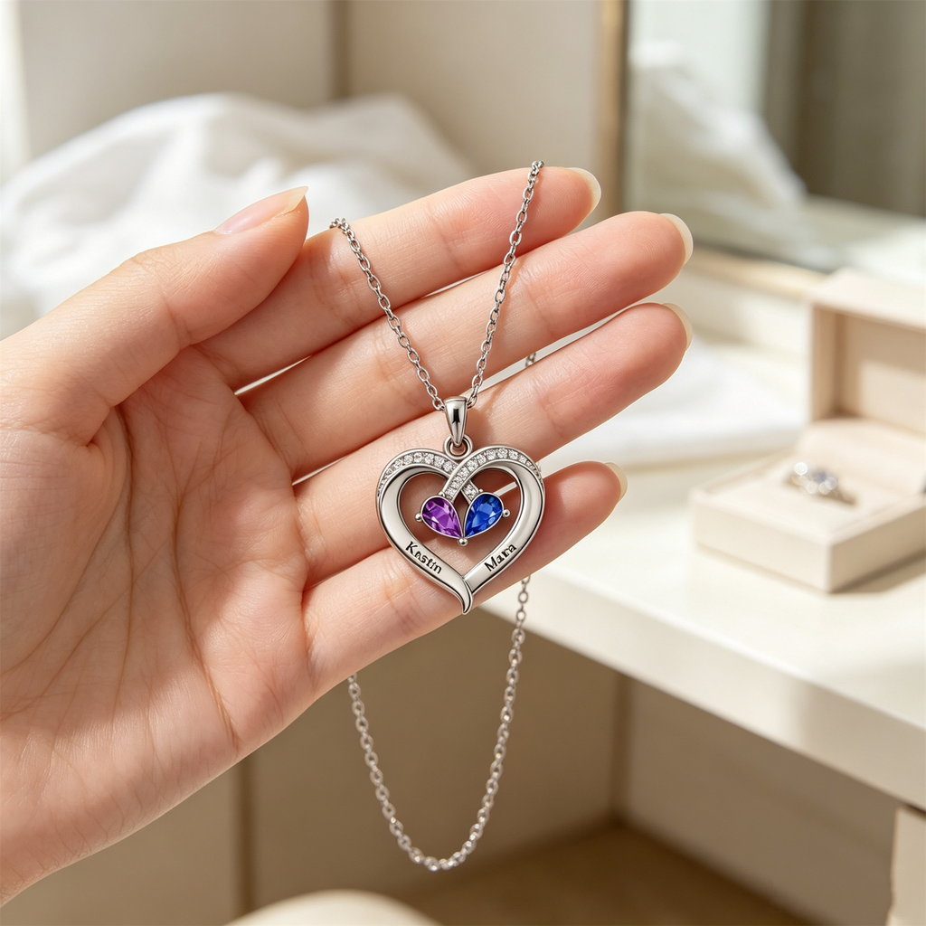 Grandmother And Granddaughter Custom Double Birthstones&Name Heart Necklace