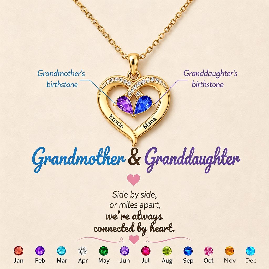 Grandmother And Granddaughter Custom Double Birthstones&Name Heart Necklace