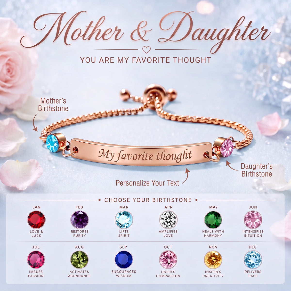 Mother&Daughter Personalized Birthstone Engraved Bar Bracelet