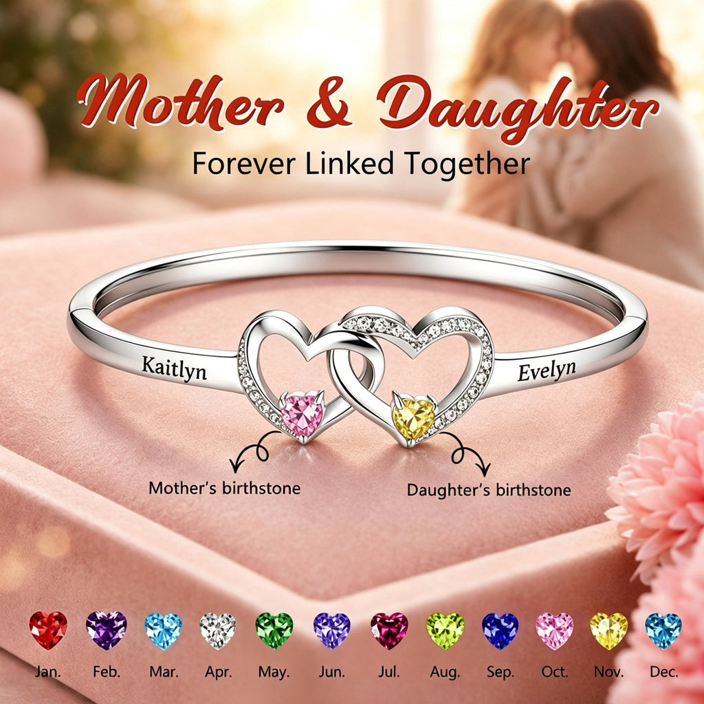 Personalized Mother And Daughter Double Heart Birthstone&Name Bracelet