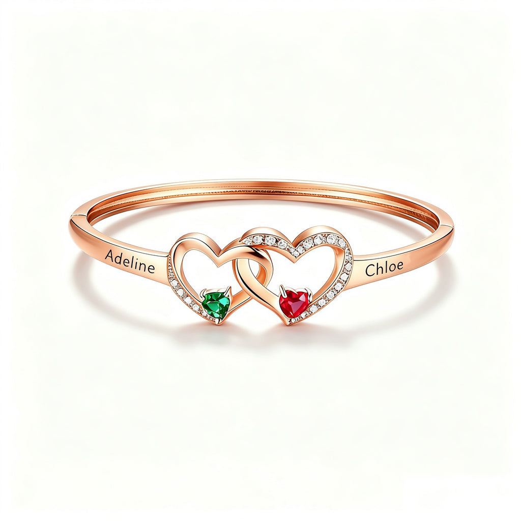 Personalized Grandmother And Granddaughter Double Heart Birthstone&Name Bracelet