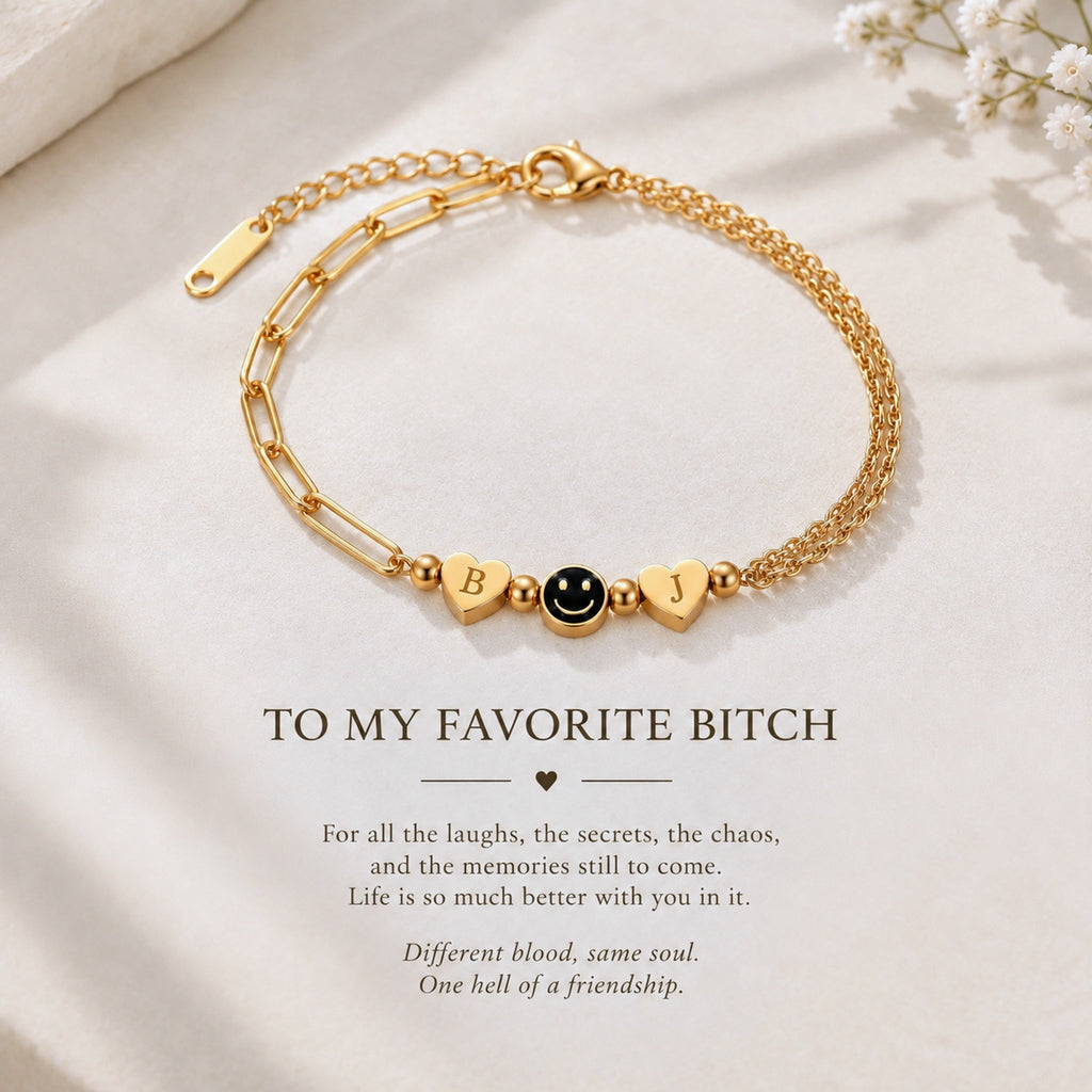 For Friend – You're My Favorite Bitch Custom Initial Hearts & Smiley Face Bracelet