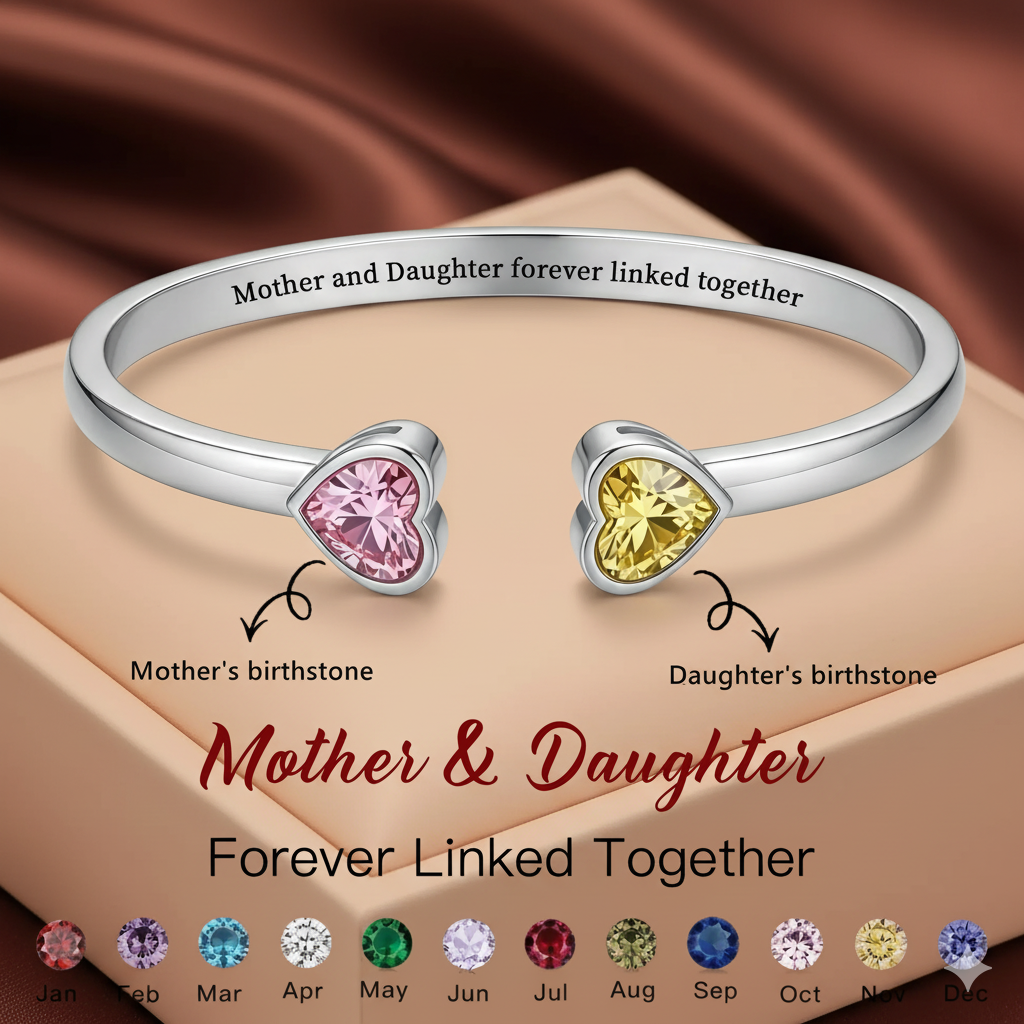 Mother & Daughter Double Heart Birthstone Cuff — 9