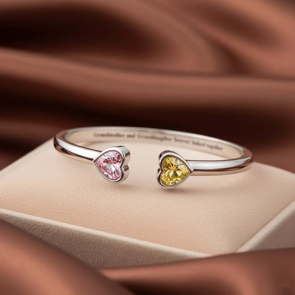 Mother & Daughter Double Heart Birthstone Cuff — 1