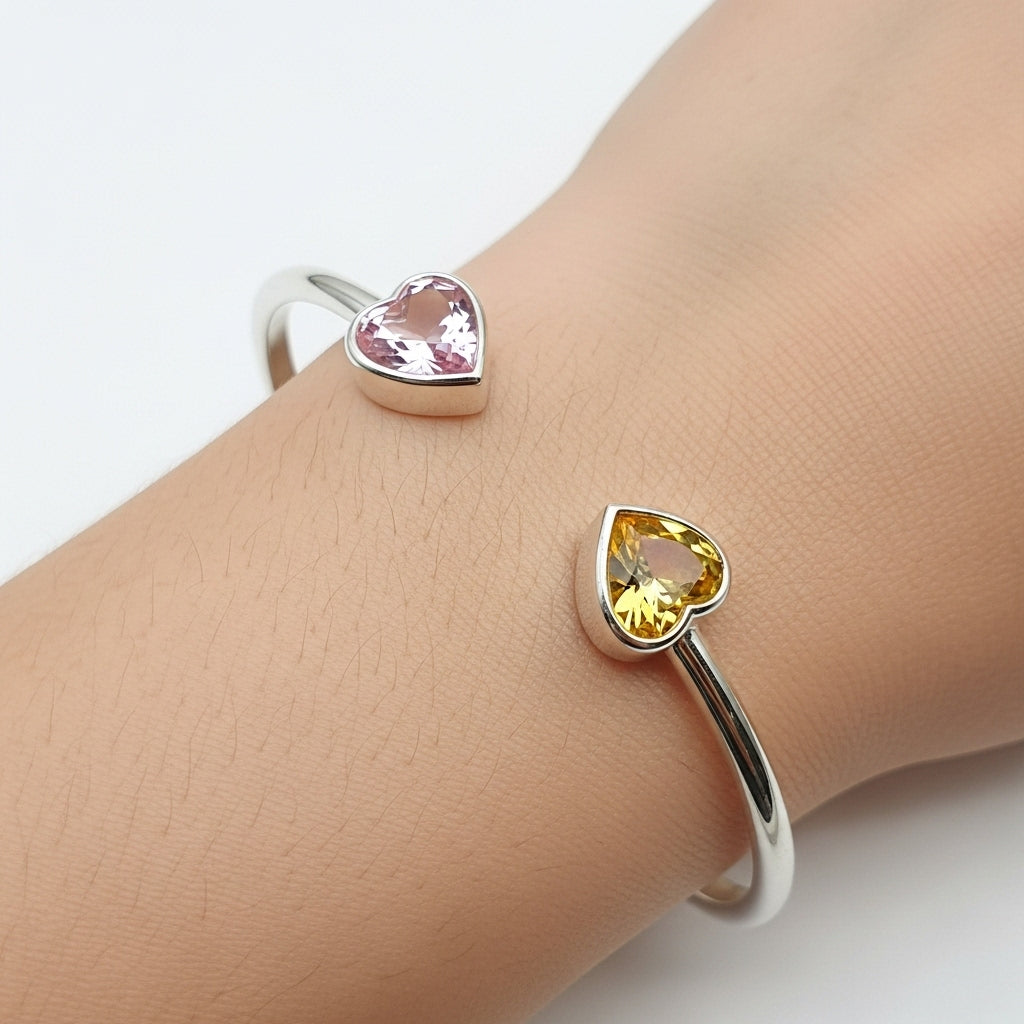 Mother & Daughter Double Heart Birthstone Cuff — 6