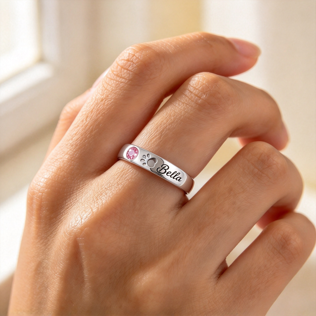 Pet Memorial Name & Birthstone Ring — 1